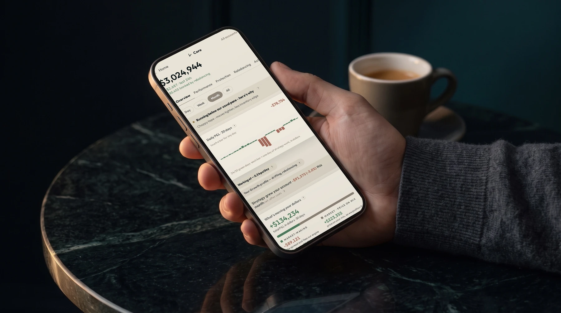 SLVCE One on a phone held over a marble table: the Core account screen showing $3,024,944, the last 24 hours, the daily P&L bars and the Overview, Performance, Protection tabs